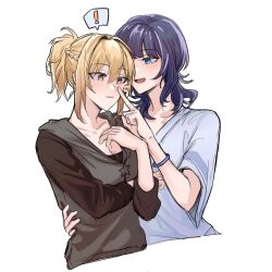 ! 2girls :d asaka_karin blonde_hair blue_eyes blue_hair blue_shirt blunt_bangs braid breasts cleavage collarbone commentary cropped_torso dark_blue_hair diverdiva finger_to_another&#039;s_nose grey_sweater hair_between_eyes hand_on_another&#039;s_waist hand_up highres looking_at_another love_live! love_live!_nijigasaki_high_school_idol_club medium_breasts medium_hair miyashita_ai multiple_girls open_mouth poking_nose ponytail shirt short_sleeves sidelocks small_breasts smile spoken_exclamation_mark sweater white_background yosaki9