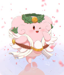  ;d belt blissey blush brown_belt brown_eyes commentary_request creatures_(company) dated egg falling_petals full_body game_freak gen_2_pokemon highres nintendo no_humans one_eye_closed open_mouth petals pokemon pokemon_(creature) ripples signature smile solo tongue wreath zeruma 