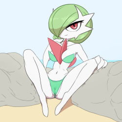  1girl ass bare_shoulders beach bikini breasts cameltoe cleavage cleft_of_venus collarbone creatures_(company) full_body game_freak gardevoir gen_3_pokemon green_bikini green_hair hair_over_one_eye half-closed_eyes hand_on_own_knee hand_to_own_mouth hand_up highres looking_at_viewer medium_breasts mega_gardevoir mega_pokemon mrploxykun navel nintendo ocean outdoors partially_visible_vulva pokemon pokemon_(creature) pokemon_rse red_eyes rock shiny_skin short_hair sitting sky smile solo spread_legs swimsuit water  rating:Questionable score:60 user:AngryZapdos