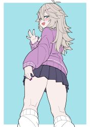  1girl \||/ akichi_360 antenna_hair blue_border blue_eyes blush border cardigan feet_out_of_frame from_behind from_below gyaru half-closed_eyes hand_up highres indie_virtual_youtuber kasukabe_tsukushi kneepits leg_warmers long_hair long_sleeves looking_at_viewer looking_down miniskirt open_mouth outside_border pleated_skirt purple_cardigan purple_nails simple_background skirt smile solo standing thighs virtual_youtuber waving white_border 