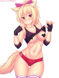 1girl animal_ear_fluff animal_ears black_gloves black_tank_top blonde_hair blush breasts buruma cat_ears cat_tail cleavage clothes_lift collarbone crop_top elbow_pads fingerless_gloves fluffy gloves gluteal_fold half_gloves heart heart_pasties highres lifting_own_clothes looking_at_viewer medium_breasts navel nottytiffy original pasties red_eyes shirt_lift simple_background sleeveless smile solo striped_clothes striped_thighhighs tail tank_top thighhighs tiffy_(nottytiffy) v white_background white_thighhighs rating:Sensitive score:65 user:danbooru