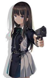  1girl absurdres black_dress black_hair bow closed_mouth commentary dress drop_shadow green_bow grey_dress gun handgun highres holding holding_gun holding_weapon inoue_takina long_hair long_sleeves looking_at_viewer lycoris_recoil lycoris_uniform norazura pleated_dress purple_eyes simple_background solo two-tone_dress very_long_hair weapon white_background 