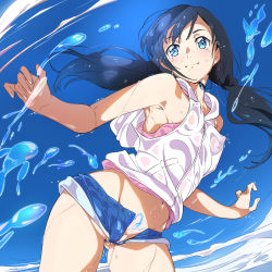  1girl amano_hina_(tenki_no_ko) armpits bare_arms bare_shoulders black_hair blue_eyes blue_shorts blue_sky blush bra breasts closed_mouth commentary_request covered_erect_nipples cowboy_shot day denim denim_shorts from_below gluteal_fold highres leaning_forward long_hair looking_at_viewer looking_down low_twintails medium_breasts navel niko_(tama) no_panties open_fly outdoors pink_bra pussy pussy_peek short_shorts shorts sky smile solo splashing tareme tears tenki_no_ko twintails underwear vest water white_vest  rating:Explicit score:101 user:danbooru