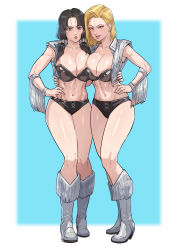  2girls abs absurdres android_18 asymmetrical_docking black_hair blonde_hair blue_eyes boots breast_press breasts cirenk collarbone commission cosplay dead_or_alive dragon_ball dragonball_z fingernails hand_on_own_hip highres large_breasts looking_at_viewer medium_hair midriff multiple_girls navel one-armed_hug open_mouth stomach sweatdrop tecmo thighs tina_armstrong tina_armstrong_(cosplay) toned twintails videl white_footwear wrestling_boots wrestling_outfit  rating:Questionable score:83 user:danbooru