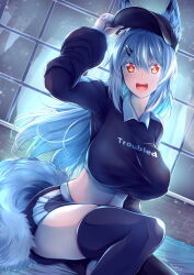  1girl animal_ears blue_hair blush breasts cigar_cat commission covered_erect_nipples fox_ears fox_girl fox_tail hair_ornament hairclip hat highres hug indoors large_breasts long_hair looking_at_viewer midriff open_mouth original pixiv_username red_eyes short_shorts shorts solo tail thighhighs very_long_hair zettai_ryouiki 