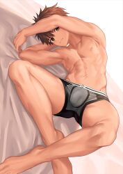 1boy arm_over_head arm_up armpits barefoot bed_sheet boxer_briefs brown_eyes brown_hair bulge crossed_ankles dutch_angle expressionless grey_boxer_briefs grey_male_underwear head_rest head_tilt highres hip_bones looking_at_viewer lying male_focus male_underwear navel nayoshi_(r-744) nipples on_back original pectorals short_hair solo spiked_hair spread_legs underwear underwear_only  rating:Questionable score:29 user:danbooru