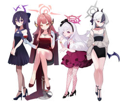 4girls absurdres aru_(blue_archive) aru_(dress)_(blue_archive) bag bare_shoulders black_choker black_dress black_footwear black_hair black_hairband black_horns blue_archive blue_hair breasts brown_jacket choker cleavage closed_mouth coat coat_on_shoulders commentary_request crossed_legs demon_girl demon_horns demon_wings dress elbow_gloves feather_boa fishnet_pantyhose fishnets full_body gloves grey_halo hairband halo handbag haruka_(blue_archive) haruka_(dress)_(blue_archive) high_heels highres holding holding_bag horns jacket jewelry kayoko_(blue_archive) kayoko_(dress)_(blue_archive) looking_at_viewer multicolored_hair multiple_girls mutsuki_(blue_archive) mutsuki_(dress)_(blue_archive) necklace official_alternate_costume official_alternate_hair_length official_alternate_hairstyle one_eye_closed open_clothes open_jacket open_mouth orange_eyes orange_halo pantyhose pelvic_curtain pink_eyes pink_hair pink_halo pointy_ears problem_solver_68_(blue_archive) purple_eyes purple_halo red_coat red_dress red_eyes side_slit simple_background single_bare_shoulder single_wing sitting sleeves_past_fingers sleeves_past_wrists smile standing streaked_hair white_background white_gloves white_hair wings yuhezi 