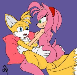  1boy 1girl amy_rose ass ass_grab blue_eyes bracelet breasts cowgirl_position furry furry_with_furry green_eyes hairband hetero highres huge_ass jewelry large_breasts multiple_tails orange_fur orange_hair penis pillow pink_fur pink_hair sex short_hair straddling tagme tail tails_(sonic) testicles  rating:Explicit score:11 user:JSPRDRAWS