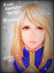  1girl agrias_oaks anniversary armor blonde_hair brown_eyes character_name copyright_name crazy02oekaki earrings final_fantasy final_fantasy_tactics highres jewelry looking_at_viewer nose shoulder_armor signature simple_background solo 