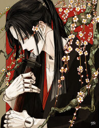  1boy absurdres black_eyes black_hair black_kimono blunt_ends border branch brown_border closed_mouth doll_joints flower half-closed_eyes hand_up highres holding holding_sword holding_weapon japanese_clothes joints kagoya1219 katana kimono long_hair long_sleeves looking_at_viewer male_focus original outside_border parted_bangs plum_blossoms ponytail red_background sheath sheathed sideways_glance signature solo straight_hair sword upper_body weapon white_flower 