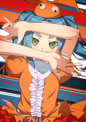 1girl arms_up blue_hair blush cluseller covering_own_mouth dress female_focus flat_chest frills green_eyes hat highres light_blush looking_at_viewer medium_hair monogatari_(series) multicolored_background nisemonogatari ononoki_yotsugi orange_dress orange_hat puffy_short_sleeves puffy_sleeves short_sleeves solo standing straight-on striped striped_background thick_eyebrows twintails upper_body v-shaped_eyebrows rating:General score:27 user:AngryZapdos