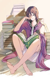  1other androgynous barefoot black_hair black_shirt book book_stack closed_mouth coat collared_shirt commentary_request crossed_ankles detached_hood frilled_shorts frills hand_on_own_cheek hand_on_own_face highres hood hood_down len&#039;en other_focus purple_coat purple_eyes purple_hood reading shirt shitodo_kuroji short_hair shorts sitting sleeveless sleeveless_shirt solo white_shorts yoni. 