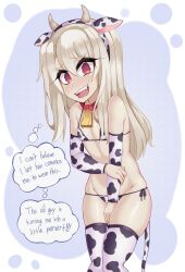  1girl @_@ alternate_costume animal_ears animal_print between_legs bikini black_bikini black_sleeves black_thighhighs blonde_hair blue_background blush collar covering_privates cow_print detached_sleeves dot_nose embarrassed english_text eyebrows eyelashes fake_animal_ears fake_horns fake_tail fangs fate/kaleid_liner_prisma_illya fate_(series) feet_out_of_frame female_focus flat_chest hand_between_legs hand_on_another&#039;s_arm highres horns illyasviel_von_einzbern loli long_hair looking_at_viewer masochism neck_bell nervous nervous_smile nose_blush open_mouth print_bikini print_sleeves print_thighhighs red_eyes side-tie_bikini_bottom simple_background smile solo standing swimsuit tail teeth thighhighs tongue two-tone_background two-tone_bikini two-tone_sleeves two-tone_thighhighs wavy_mouth white_background white_bikini white_sleeves white_thighhighs young_savage 