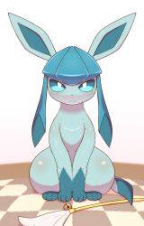  alacarte bell checkered_floor creatures_(company) game_freak gen_4_pokemon glaceon highres jingle_bell looking_at_viewer nintendo no_humans pokemon pokemon_(creature) simple_background sitting white_background 