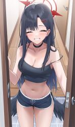  1girl absurdres bare_shoulders black_camisole black_choker black_hair black_shorts black_wings blue_archive blush breasts camisole choker cleavage closed_eyes cowboy_shot doorway grin guntree hair_ornament hairclip halo highres ichika_(blue_archive) indoors long_hair low_wings medium_breasts midriff navel opening_door pov_doorway red_halo shorts smile solo stomach strap_slip wings 