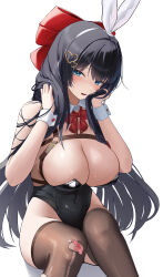 1girl absurdres animal_ears bandaid bandaid_on_knee bandaid_on_leg bare_shoulders black_hair black_leotard blue_eyes blush bow bowtie breasts brown_thighhighs bunching_hair chest_belt chest_harness cleavage covered_navel detached_collar emma_0215 fake_animal_ears hair_bow hair_ornament hairband hand_on_own_cheek hand_on_own_face harness heart heart_hair_ornament highleg highleg_leotard highres hime_cut large_breasts leotard long_hair looking_at_viewer o-ring o-ring_harness open_mouth playboy_bunny rabbit_ears red_bow red_bowtie shirayuki_hina simple_background sitting solo stellive strapless strapless_leotard thighhighs torn_clothes torn_thighhighs traditional_bowtie underbust very_long_hair virtual_youtuber white_background white_hairband wrist_cuffs