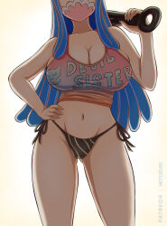  1girl absurdres alternate_costume artist_name bikini blue_hair breasts cleavage club_(weapon) english_text gluteal_fold hand_on_own_hip head_out_of_frame highres hiyozuki holding holding_weapon large_breasts long_hair mask mouth_mask multicolored_hair navel one_piece patreon_username pink_hair side-tie_bikini_bottom solo stomach swimsuit two-tone_hair ulti_(one_piece) weapon white_background  rating:Sensitive score:51 user:danbooru