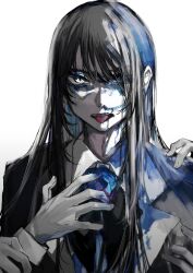  1girl absurdres ado_(utaite) black_hair black_jacket blood blood_on_clothes blood_on_tongue blue_blood blue_flower blue_rose chando_(ado) cloud_nine_inc collared_shirt commentary english_commentary flower flower_brooch formal gloves hair_over_one_eye hand_on_own_chest highres jacket key_visual long_hair long_sleeves looking_at_viewer mixed-language_commentary mole mole_under_eye multiple_hands official_art open_mouth orihara_(ewkkyorhr) promotional_art rose shirt solo splatter straight-on straight_hair suit_jacket tongue tongue_out upper_body utaite white_background white_gloves white_shirt wish_(ado) 