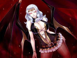  1girl albino armlet ascot bare_shoulders bat_wings belt black_dress bodysuit bracelet breasts cara_cromwell cara_the_blood_lord center_opening circlet cleavage covered_navel cowboy_shot cross-laced_clothes demon_girl demon_wings dress dutch_angle frills game_cg glowing glowing_eyes hand_on_thigh huge_breasts jewelry kagami_hirotaka large_breasts lilith-soft lipstick long_hair looking_at_viewer makeup midriff no_bra petticoat purple_lips red_background red_eyes seductive_smile short_dress sleeveless sleeveless_dress smile smirk standing thighhighs tiara turtleneck vampire wavy_hair white_hair wide_hips wings  rating:Sensitive score:159 user:danbooru