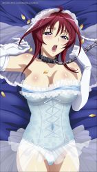  1girl bdsm breasts bridal_veil bustier chain cleavage collar corset elbow_gloves gloves highres laces large_breasts leash leotard open_mouth oribe_mafuyu panties purple_eyes red_hair seikon_no_qwaser short_hair solo sweat underwear veil  rating:Questionable score:129 user:danbooru