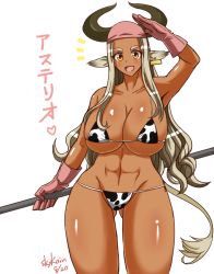 12_beast 1girl :d ^^^ abs animal_ears animal_print arm_up armpits asterio bandana bikini blush body_blush breasts character_name cleavage collarbone cow_ears cow_girl cow_print cow_tail cowboy_shot curvy dark-skinned_female dark_skin dated ear_tag female_focus gloves gluteal_fold groin heart highres holding horns huge_breasts long_hair looking_at_viewer micro_bikini minotaur monster_girl open_mouth orange_eyes pink_gloves pointy_ears polearm print_bikini salute shiny_skin signature silver_hair simple_background skindentation skykain smile solo standing string_bikini swimsuit tail thick_thighs thighs toned translation_request very_long_hair wavy_hair weapon white_background wide_hips yellow_eyes rating:Questionable score:63 user:danbooru