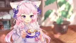 1girl alternate_costume animal_ear_fluff animal_ears apron blurry bokeh bow cat_ears cat_girl coffee coffee_mug collar commentary cup depth_of_field disposable_cup eyepatch fang floral_print frilled_apron frilled_collar frilled_kimono frilled_sleeves frills ghost_tail hair_between_eyes hair_bow heart highres holding holding_cup japanese_clothes kimono kimono_skirt kyounuma latte_art light_particles light_rays lolita_fashion long_hair maid maid_apron maid_headdress mug nyatasha_nyanners open_mouth pink_hair plant potted_plant purple_bow purple_eyes purple_kimono saucer shelf sidelocks smile solo steam sunbeam sunlight tassel teacup twitter_username upper_body very_long_hair virtual_youtuber vshojo wa_lolita wa_maid white_apron rating:General score:14 user:danbooru
