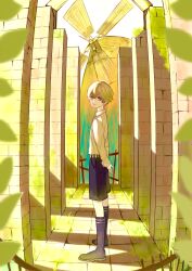  1boy absurdres arms_behind_back black_footwear black_shorts blonde_hair boots brick_wall closed_mouth fence fisheye from_side highres long_sleeves looking_at_viewer male_focus original school_uniform shirt short_hair shorts smile solo wakuseikouro white_shirt windmill 
