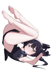 1girl armpits arms_up ass bare_legs bare_shoulders barefoot black_dress black_gloves black_hair blue_archive blush breasts china_dress chinese_clothes closed_mouth double_bun dragon_print dress feet female_focus full_body gloves grey_eyes hair_between_eyes hair_bun highres impossible_clothes kisaki_(blue_archive) legs_up loli long_hair looking_at_viewer lying mandarin_collar miaoema no_panties on_back simple_background small_breasts soles solo sweat thighs toes twintails white_background rating:Sensitive score:84 user:danbooru