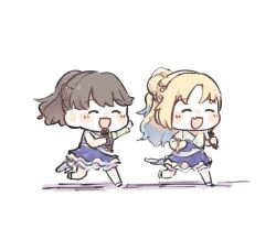  2girls ^_^ blonde_hair blue_dress blue_hair brown_hair chibi chibi_only closed_eyes commentary_request detached_sleeves dress fang frilled_dress frills fujishima_megumi gradient_hair hair_bun light_blue_hair link!_like!_love_live! long_hair love_live! mira-cra_park! mr_frog716 multicolored_hair multiple_girls open_mouth osawa_rurino parted_bangs ponytail running shadow simple_background single_detached_sleeve single_hair_bun skin_fang sleeveless sleeveless_dress smile tsubasa_la_liberte_(love_live!) virtual_youtuber white_background 