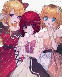3girls :3 :d aoka_0000 arima_kana b-komachi_(new) bare_shoulders behind_another belt beret black_bow black_choker black_sash blonde_hair blue_eyes blunt_bangs bob_cut bow bow_choker bowtie bracelet breasts brown_hair choker cleavage closed_mouth collarbone collared_dress commentary_request cross-laced_clothes cross-laced_dress dated demon_horns detached_sleeves dress dress_bow eyelashes eyes_visible_through_hair fake_horns fang flower frilled_dress frills grey_background hair_bow hair_flip hair_flower hair_ornament half_updo hand_on_own_arm hand_up hat heart_o-ring highres holding_own_arm horns hoshino_ruby index_finger_raised inverted_bob jewelry lapels layered_dress long_hair looking_at_viewer looking_to_the_side medium_breasts memcho multicolored_hair multiple_bracelets multiple_girls notched_lapels o-ring o-ring_belt off-shoulder_dress off_shoulder open_mouth orange_dress orange_hair oshi_no_ko overskirt plaid_lapels purple_bow purple_bowtie purple_dress purple_eyes red_bow red_eyes red_hair roots_(hair) sash short_hair short_sleeves sidelocks sideways_glance sleeve_cuffs sleeveless sleeveless_dress small_breasts smile star-shaped_pupils star_(symbol) striped_clothes striped_dress swept_bangs symbol-shaped_pupils teeth twitter_username two-tone_hair upper_teeth_only white_flower white_hair yellow_bow yellow_bracelet yellow_choker yellow_dress