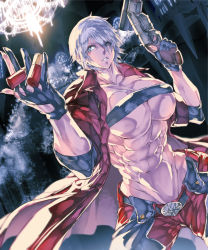  1girl abs blue_eyes breasts dante_(devil_may_cry) devil_may_cry_(series) gender_request genderswap huge_breasts large_breasts muscular muscular_female navel short_hair silver_hair solo  rating:Questionable score:14 user:WaifuDante