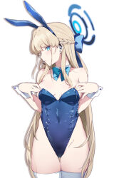  1girl animal_ears blonde_hair blue_archive blue_eyes blue_hair blush bow bowtie braid breasts covered_navel detached_collar earpiece halo highres leotard looking_at_viewer medium_breasts multicolored_hair playboy_bunny rabbit_ears simple_background solo streaked_hair tachibana_yuu thighhighs toki_(blue_archive) toki_(bunny)_(blue_archive) two-tone_hair white_background white_thighhighs wrist_cuffs 