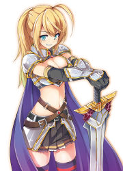  1girl ahoge armor belt blonde_hair breasts cape chiri_(atlanta) cleavage cleavage_cutout clothing_cutout elbow_gloves gloves green_eyes grin hands_on_hilt knight looking_at_viewer navel pauldrons planted planted_sword planted_weapon pleated_skirt ponytail ragnarok_online rune_knight_(ragnarok_online) shoulder_armor simple_background skirt smile solo sword thighhighs tsuiteru_yuusha-sama! vambraces weapon white_background  rating:Sensitive score:62 user:danbooru