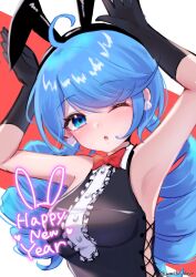  1girl :o animal_ears armpits arms_up artist_name black_gloves blue_eyes blush bow bowtie breasts dress_shirt drill_hair earrings fake_animal_ears gloves gwen_(league_of_legends) happy_new_year highres jewelry league_of_legends leotard long_hair medium_breasts momikodayo new_year one_eye_closed playboy_bunny red_background red_bow red_bowtie shirt solo swept_bangs twin_drills twintails upper_body white_background  rating:Sensitive score:14 user:danbooru