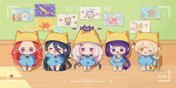  5girls aged_down aris_(blue_archive) black_hair blonde_hair blue_archive blue_dress blue_halo bow braid braided_ponytail chibi classroom closed_eyes closed_mouth commentary_request crossover dango dress food genshin_impact goddess_of_victory:_nikke grey_hair hair_bobbles hair_bow hair_ornament halo hat highres hina_(blue_archive) indoors kindergarten_uniform korean_commentary liter_(nikke) long_hair long_sleeves looking_at_viewer low_wings mole mole_under_eye multiple_crossover multiple_girls neck_ribbon no_nose non-humanoid_robot one_eye_closed open_mouth pink_halo purple_eyes purple_hair purple_halo raiden_shogun recording red_hair red_ribbon ribbon robot robot_animal robot_dog sanshoku_dango school_hat socks teeth upper_teeth_only uz_(uzru0428) very_long_hair viewfinder volt_(nikke) wagashi white_bow white_socks wings wooden_floor yellow_eyes yellow_footwear yellow_halo yellow_hat yuzu_(blue_archive) 