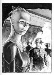  1girl 3boys artist_name border borg borg_queen breasts cleavage colored_skin commentary cyborg english_commentary graphite_(medium) grey_skin greyscale highres joints looking_at_viewer malachiward mechanical_arms mechanical_hands mechanical_parts monochrome multiple_boys robot_joints science_fiction single_mechanical_arm sketch smoke star_trek star_trek:_the_next_generation subdermal_port traditional_media 