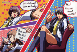  00s 3girls :d ;d a_(phrase) absurdres androgynous black_eyes black_hair blazer blue_legwear blush brown_eyes brown_hair chair copyright_name crossed_legs english_text engrish_text finger_gun foreshortening grey_hair hair_between_eyes hanazono_hikari heart heart_background high_collar highres holding index_finger_raised jacket kneehighs long_hair looking_at_viewer megami_magazine miniskirt multiple_girls nakahara_kiyotaka necktie non-web_source notepad official_art one_eye_closed open_mouth outline outstretched_arm outstretched_hand polka_dot polka_dot_background ranguage scan school_uniform serafuku short_hair sidelocks sitting skirt smile socks sparkle special_a star_(symbol) starry_background tomboy toudou_akira_(special_a) wavy_hair wavy_mouth wink yamamoto_megumi 