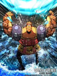  1boy aiming aiming_at_viewer armor attack beard black_hair black_pants commentary_request copyright_name copyright_request facial_hair full_body jozu looking_at_viewer male_focus motion_lines nijihayashi official_art one_piece one_piece_card_game open_mouth pants shoulder_armor solo upside-down water 
