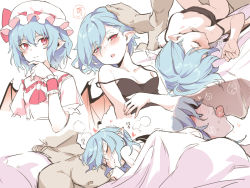 1boy 1girl afterglow asutora blue_hair blush breasts closed_eyes french_kiss hair_between_eyes hand_on_another&#039;s_head hat hetero kiss lying_on_person mob_cap multiple_views open_mouth pointy_ears puffy_short_sleeves puffy_sleeves red_eyes remilia_scarlet short_hair short_sleeves small_breasts touhou under_covers wings rating:Questionable score:170 user:danbooru