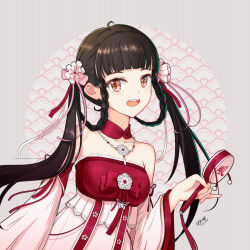  1girl :d bare_shoulders black_hair braid braided_hair_rings brown_eyes chinese_clothes detached_sleeves dress flower hair_flower hair_ornament hanfu holding instrument jewelry long_hair looking_at_viewer miaoxfv necklace nikki_(miracle_nikki) open_mouth qixiong_ruqun ribbon ruqun shining_nikki smile solo tambourine twintails upper_body 