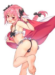 1boy :d absurdres ass astolfo_(fate) bare_shoulders barefoot bikini black_bow bow braid bulge commentary_request fang fate/grand_order fate_(series) feet frilled_bikini frills from_behind hair_bow highres jairou long_hair looking_at_viewer looking_back male_focus multicolored_hair open_mouth pink_eyes pink_hair simple_background skin_fang smile soles solo streaked_hair swimsuit toes trap two-tone_hair white_background white_hair rating:Questionable score:189 user:danbooru