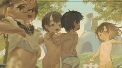  2boys 2girls arms_around_neck bottomless briefs child_on_child clothes_lift coonnel_tokoro fence flat_chest glasses grass highres lifted_by_self loli male_underwear md5_mismatch multiple_boys multiple_girls nipples nude one-piece_tan open_mouth original outdoors penis pussy shirt_lift short_hair shota tan tanline testicles tree underwear webp-to-png_conversion white_male_underwear yaoi  rating:Explicit score:61 user:romantic_colors