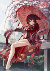  1girl absurdres alternate_costume bare_legs barefoot bibi_(obb_spl) blurry brown_nails commentary_request depth_of_field dress eyebrows_hidden_by_hair feet flower flower-shaped_pupils genshin_impact hair_between_eyes hat hat_flower highres holding holding_umbrella house hu_tao_(genshin_impact) knees_together_feet_apart legs long_hair looking_at_viewer multicolored_hair outdoors plum_blossoms red_eyes sitting soaking_feet solo symbol-shaped_pupils thighs toes umbrella water 