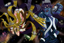  3girls ass bayonetta bayonetta bayonetta_(series) black_hair blonde_hair blue_eyes blue_skin bracelet colored_skin ed_(end) epic female_focus galaxy glowing glowing_eyes hair_ornament jewelry jubileus long_hair lots_of_jewelry mask multiple_girls open_mouth queen_sheba red_eyes size_difference spoilers very_long_hair 