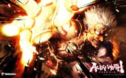  1boy 1girl angry asura&#039;s_wrath asura_(asura&#039;s_wrath) black_hair copyright_name cyborg fire glowing glowing_eyes glowing_hand logo male_focus muscular muscular_male official_art open_mouth short_hair teeth third-party_source white_hair 