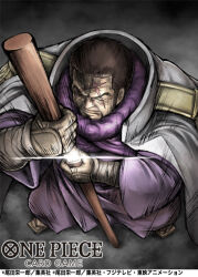  1boy cloak closed_eyes coat collared_coat commentary_request copyright_name crost epaulettes from_above geta glint hand_guard issho_(fujitora) japanese_clothes kimono male_focus official_art one_piece one_piece_card_game scar scar_on_face scarf sheath short_hair sideburns solo unsheathing white_coat yukata 