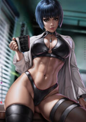  1girl abs blue_hair breasts choker cleavage cup dandon_fuga female_focus gluteal_fold highres jewelry lab_coat large_breasts lips looking_at_viewer mug nail_polish navel pendant persona persona_5 short_hair skindentation solo takemi_tae thick_thighs thighhighs thighs 