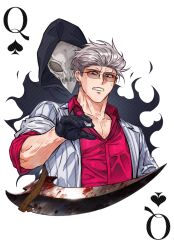 1boy akagi:_yami_ni_oritatta_tensai blood bloody_weapon clenched_teeth collared_shirt commentary_request cropped_torso death_(entity) fukumoto_mahjong grey_hair grim_reaper hair_slicked_back highres hirayama_yukio holding holding_mahjong_tile jacket mahjong mahjong_tile nervous_sweating open_clothes open_jacket queen_(playing_card) queen_of_spades red_eyes red_shirt scythe shirt short_hair simple_background spade_(shape) ssom_omo striped_clothes striped_jacket sunglasses sweat teeth upper_body vertical-striped_clothes vertical-striped_jacket weapon white_background white_jacket