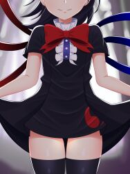  1girl absurdres black_dress black_hair black_thighhighs blue_wings blurry blurry_background bow bowtie buttons center_frills cipher_(user_watm8555) cowboy_shot curtsey dress flat_chest frilled_dress frills grin head_out_of_frame highres houjuu_nue medium_hair red_bow red_bowtie red_wings short_dress short_sleeves smile solo thighhighs tomoe_(symbol) touhou wings 