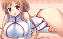  10s 1girl :d abstract_background asuna_(sao) bare_shoulders blush breasts brown_eyes brown_hair detached_sleeves dress impossible_clothes impossible_dress large_breasts lying miu_(c_blue) no_pants on_stomach open_mouth side_slit smile solo sword_art_online thighs  rating:Sensitive score:39 user:danbooru